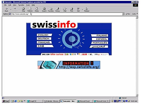 La homepage di swissinfo nel 2001