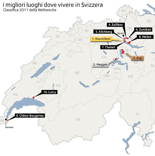 cartina coi migliori luoghi dove vivere in Svizzera