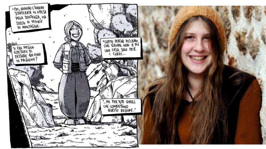 a sinistra il fumetto Kobane Calling, a destra ritratto della protagonista, la guerrigliera filo curda Cappuccio Rosso