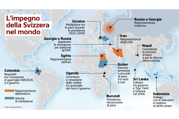 cartina con l impegno diplomatico della Svizzera nel mondo