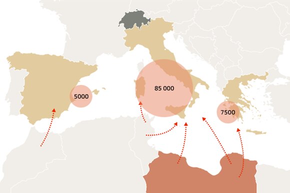 Mappa dell Europa con il numero di sbarchi di migranti in Italia, Spagna e Grecia