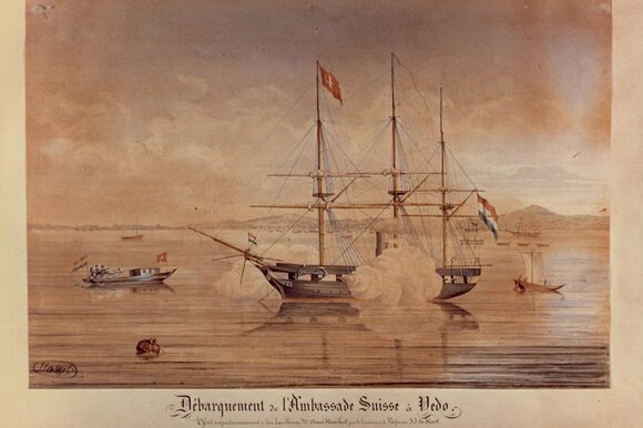 Einzug der Schweizer Mission in Tokio (damals Yedo) am 28. Mai 1863 an Bord der holländischen Korvette «Medusa»