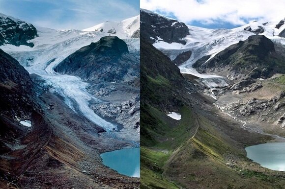 Foto a confronto del ghiacciaio Stein nel 2006 e nel 2015, riduzione evidente.