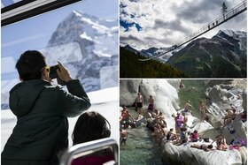 Collagi di tre fotografie. Passerella in vallese, turista davanti all Eiger e turisti sul fiume Verzasca.