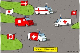 Vignetta con ambulanze e bandiere