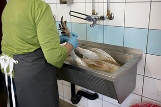 Bäuerin taucht Truthahn in heisses Wasser, um die Federn leichter zu entfernen
