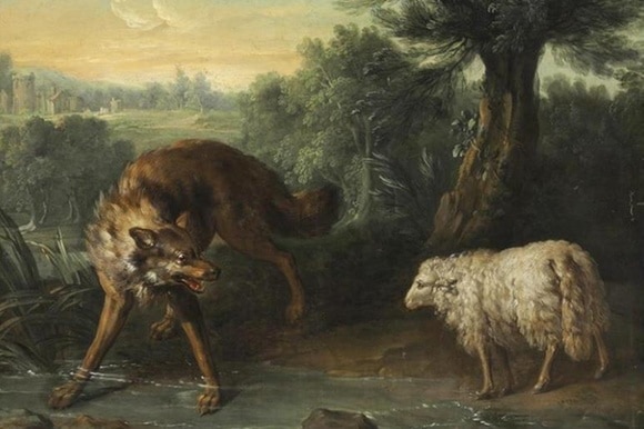 dipinto in cui è raffigurato un lupo che sta per aggredire un agnello.