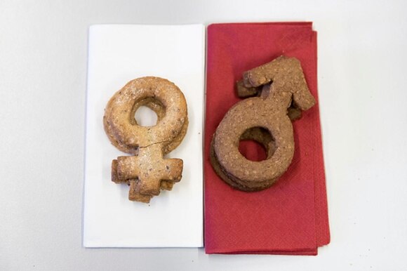 Due biscotti a forma di simbolo maschio e femmina su tovaglioli rosso e bianco di egual misura uno accanto all altro