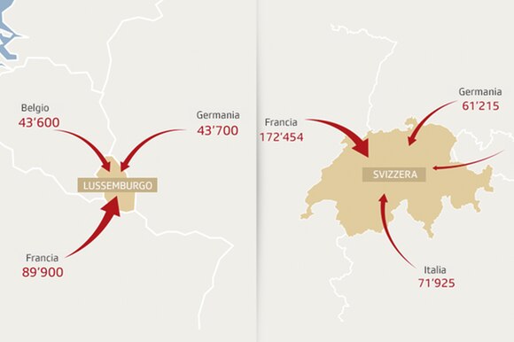 carta che mostra il flusso di frontalieri in lussemburgo e in svizzera