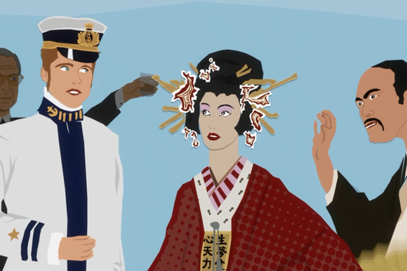 I personaggi di Pinkerton, Butterfly e Goro durante la cerimonia nuziale (illustrazione)
