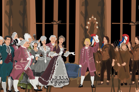 (illustrazione) Gruppo di persone con abiti da nobili sulla sx, e gruppo di popolani sulla dx in un salone con finestre alte