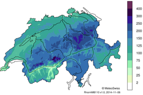 I valori medi delle precipitazioni in luglio tra il 1981 e il 2010 indicati su una cartina di MeteoSvizzera