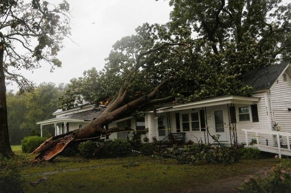 Un grosso albero caduto sul tetto di una villa in North Carolina