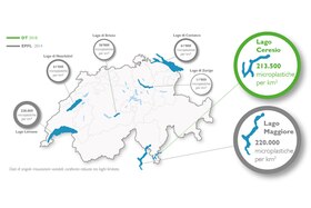 Le concentrazioni di microplastiche rilevate nei vari laghi svizzeri indicate su una cartina
