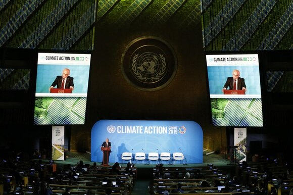 Il presidente della Confederazione Ueli Maurer mentre parla al summit Onu sul clima a New York