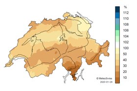 Una cartina della Svizzera colorata con diverse tonalità di marrone, che secondo la legenda indicano valori bassi