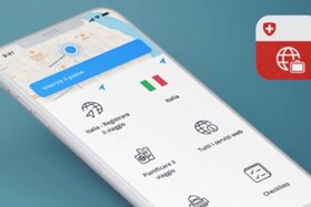 (illustrazione) uno smartphone visto di tre quarti, con una cartina, una bandiera dell Italia e alcune icone su aspetti di viagg