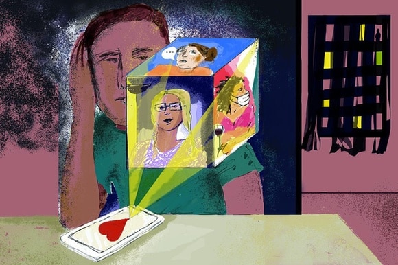 illustrazione di un uomo che guarda un telefono e s immagina delle donne