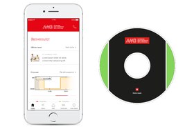 Un iPhone bianco con, sullo schermo, un app intitolata AMB con alcune scritte e un grafico; accanto, un disco con bordi verdi