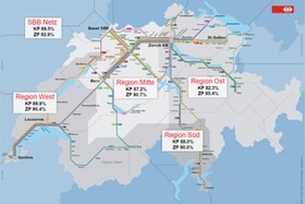 Percentuali di puntualità indicate su una cartina della rete ferroviaria FFS