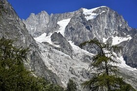 Ghiacciaio su montagna rocciosa in ambiente alpino visto dal basso; in primo piano, pini