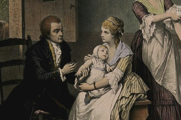 Vecchio dipinto mostra donna con bimbo in braccio e medico che si avvicina con una siringa.