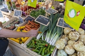 Banco di mercato visto da vicino, con verdure, legumi e bandierina con marchio Bio Suisse