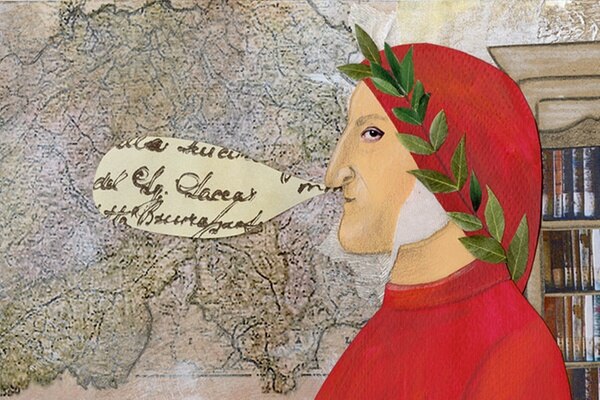 illustrazione che raffigura Dante e una cartina della Svizzera