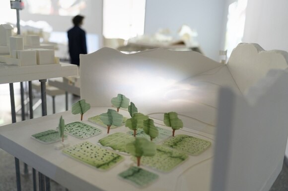 Alberi e prati stilizzati su un plastico completamente bianco in una stanza con diversi modelli esposti