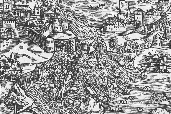 Illustrazione a china di un ondata di acqua che travolge villaggi con ponti ed edifici medievali