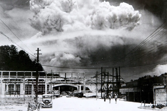 the mushroom cloud photographed from the ground of the 09 August 1945 atomic bombing of Nagasaki.