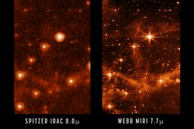 Foto di galassia sfocata a sinistra, nitida a destra