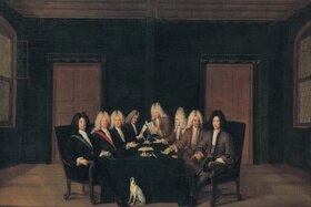 dipinto in cui sono raffigurati degli uomini seduti attorno a un tavolo